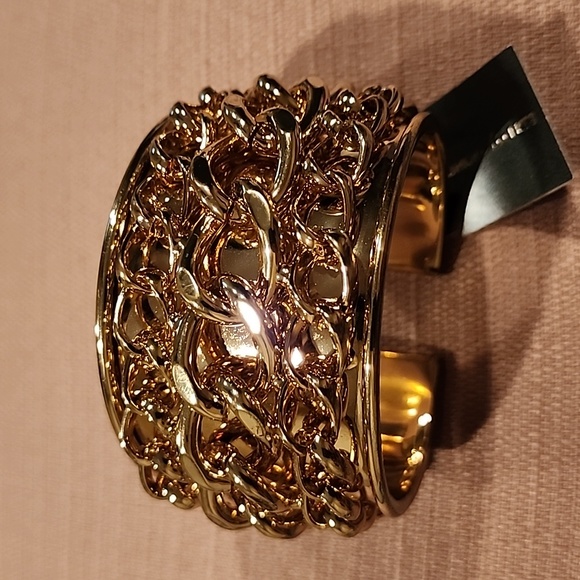 New Fashion Accents Gold Cuff with Chain Embellishments - Picture 3 of 8